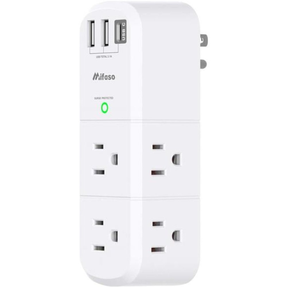 USB Outlet Extender Surge Protector - with Rotating Plug, 6 AC Multi Plug Outlet